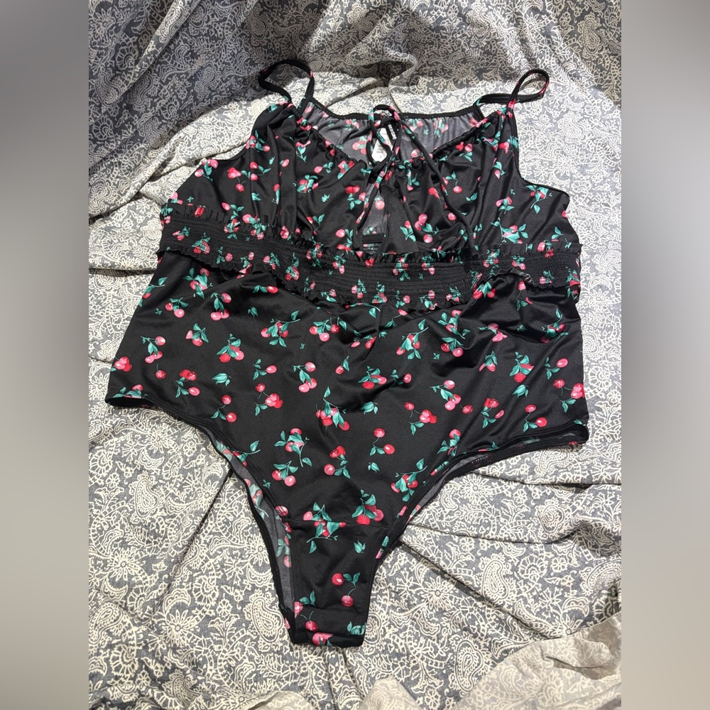 Black Cherry Print Bodysuit Top - Women
